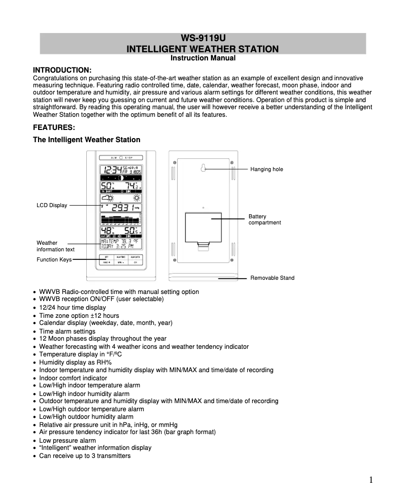 Page n°1 - Manuel utilisateur La Crosse Technology WS-9119U