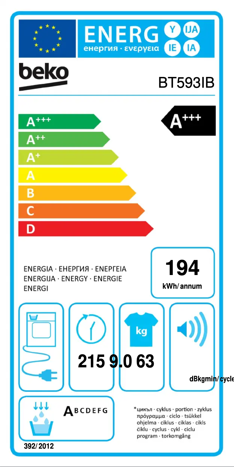 Page 1 de la notice Label énergétique Beko BT593IB