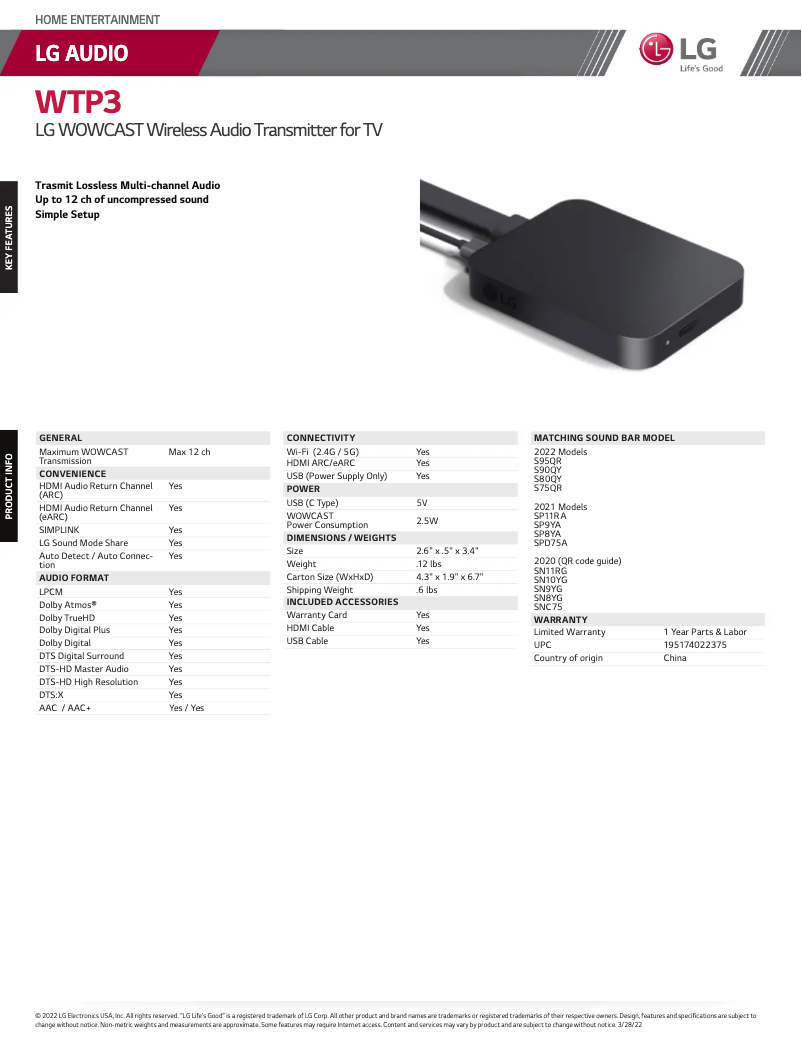 Page 1 de la notice Fiche technique LG WOWCAST WTP3