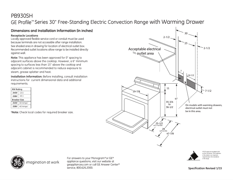 Página 1 del manual Ficha técnica GE Profile PB930SHSS