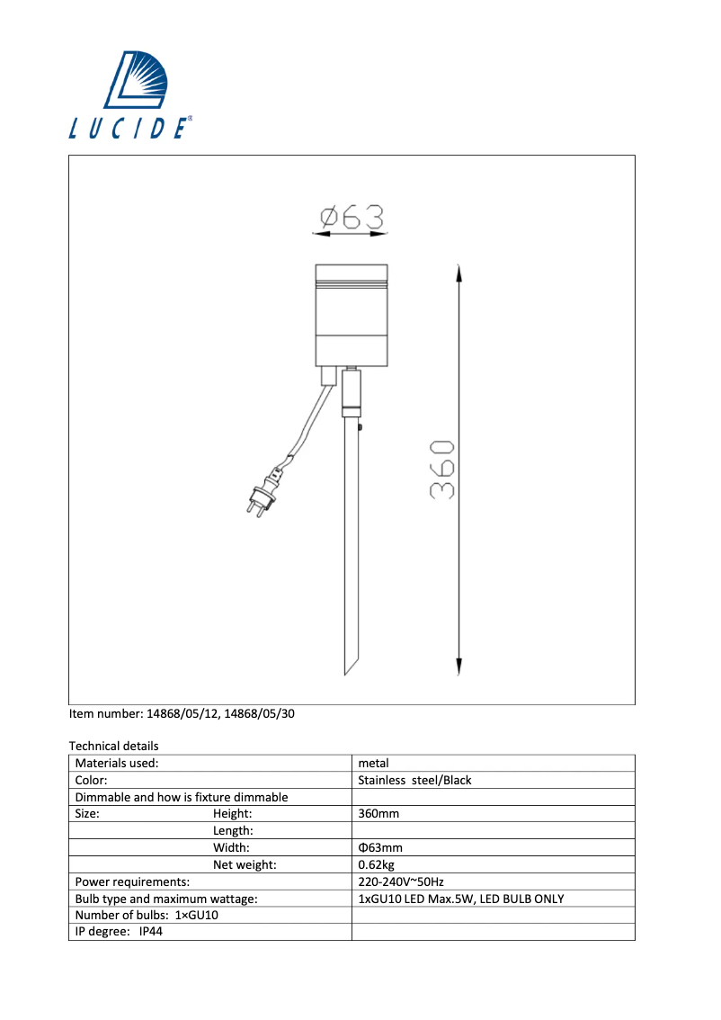 Page 1 de la notice Manuel utilisateur Lucide Arne 14868/05/30
