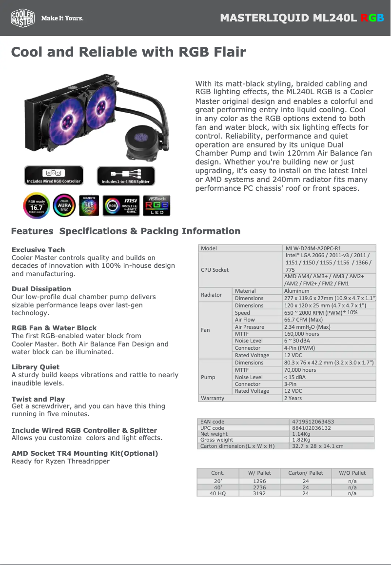 Page 1 de la notice Fiche technique Cooler Master MasterLiquid ML240L RGB