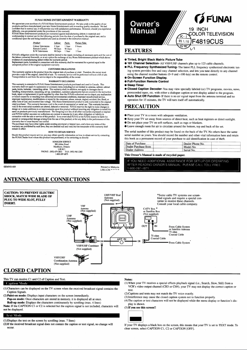 Page n°1 - Manuel utilisateur Funai F4819CUS