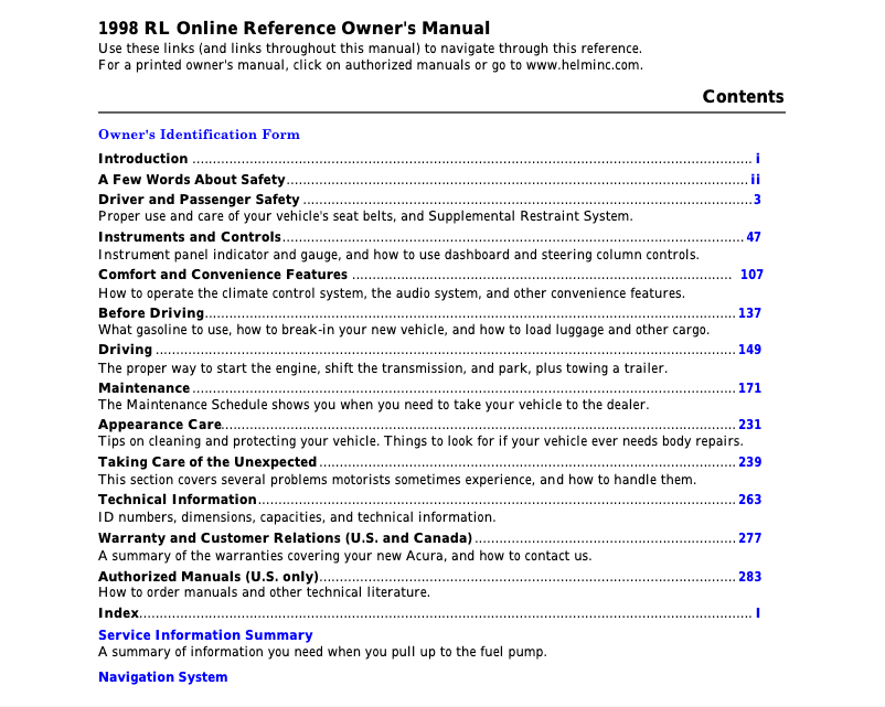 Page 1 de la notice Manuel utilisateur Acura RL (1998)