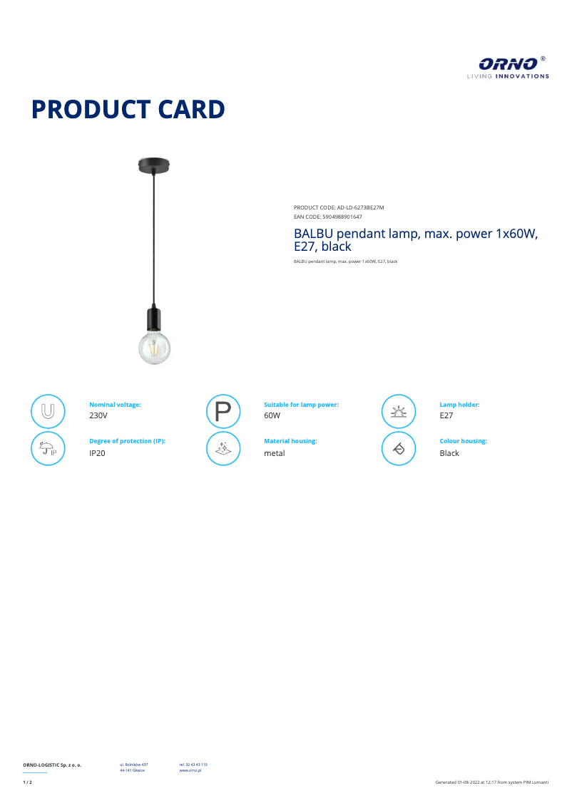 Page n°1 - Fiche technique Adviti AD-LD-6273BE27M