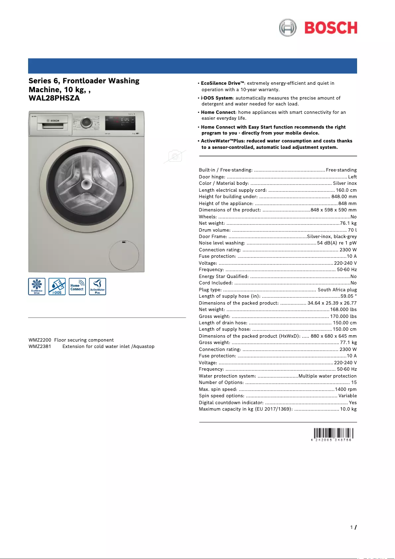 Página 1 del manual Ficha técnica Bosch WAL28PHSZA