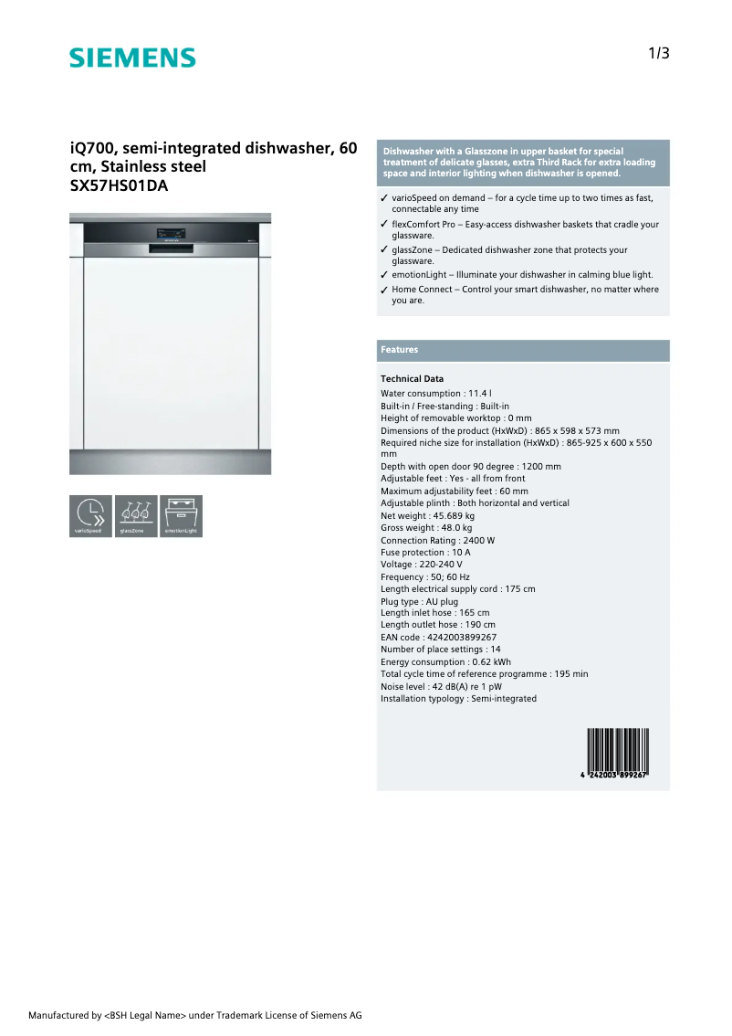 Page n°1 - Fiche technique Siemens SX57HS01DA
