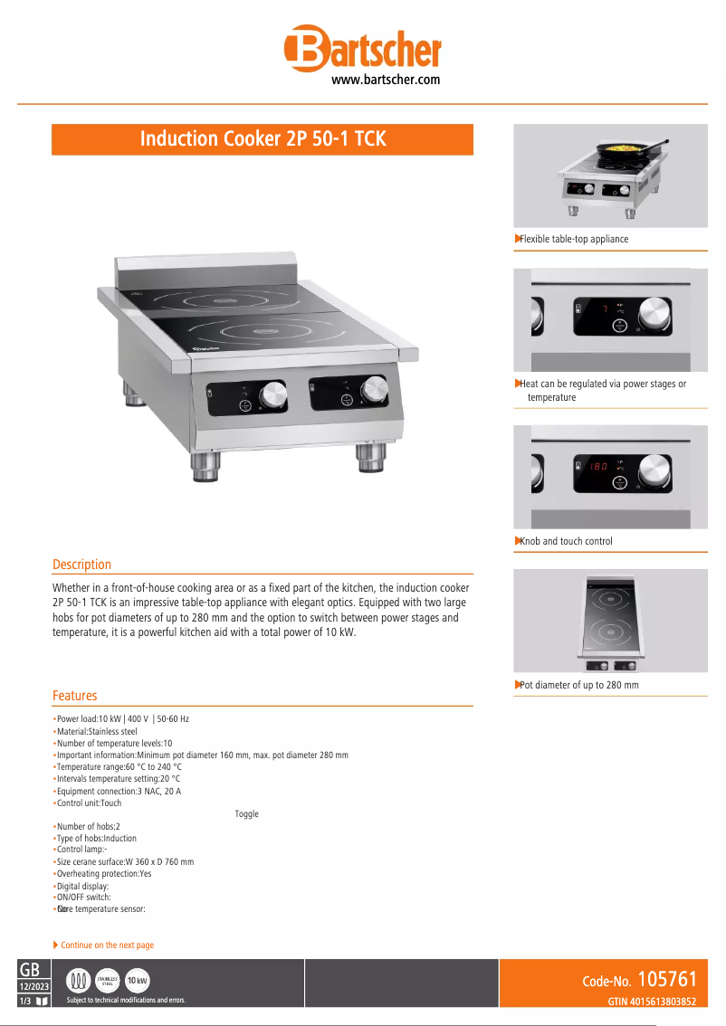 Page 1 de la notice Fiche technique Bartscher 2P 50-1 TCK