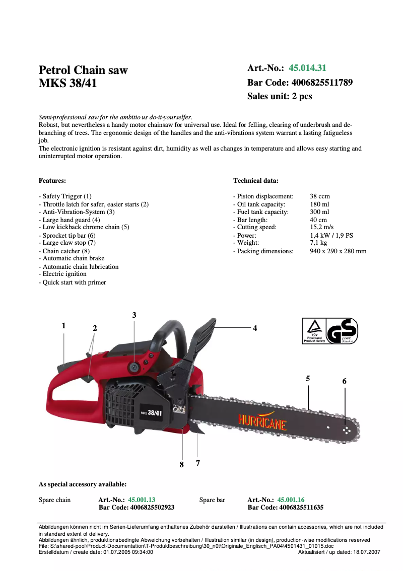 Image de la première page du manuel de l'appareil MKS 38/41