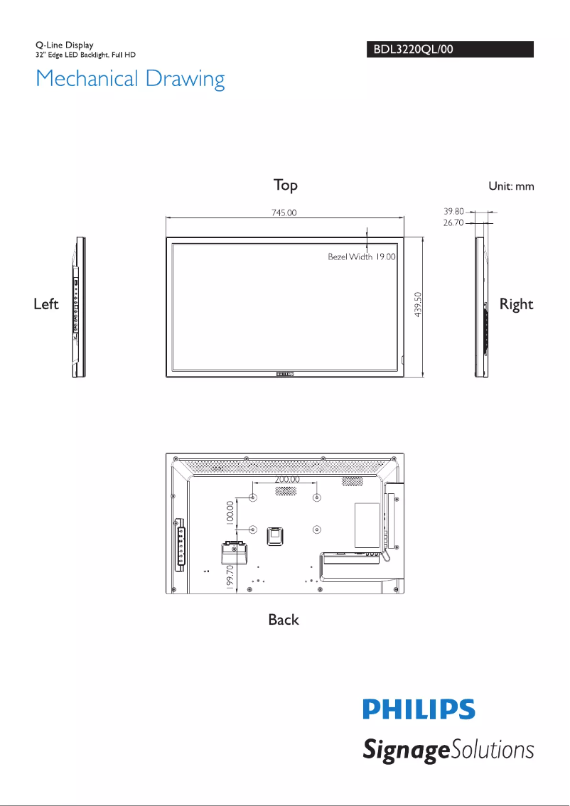 Page 1 de la notice Dessin technique Philips Signage Solutions BDL3220QL