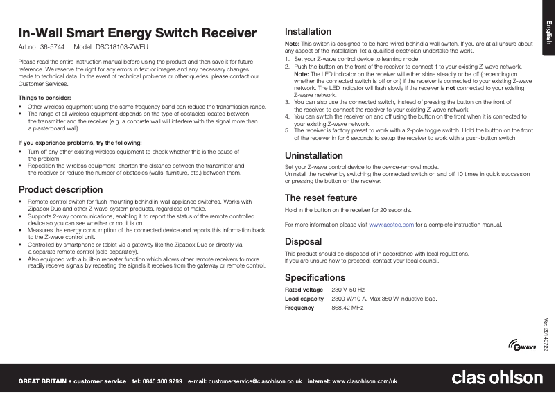 Page 1 de la notice Manuel utilisateur Aeon Labs DSC18103-ZWEU