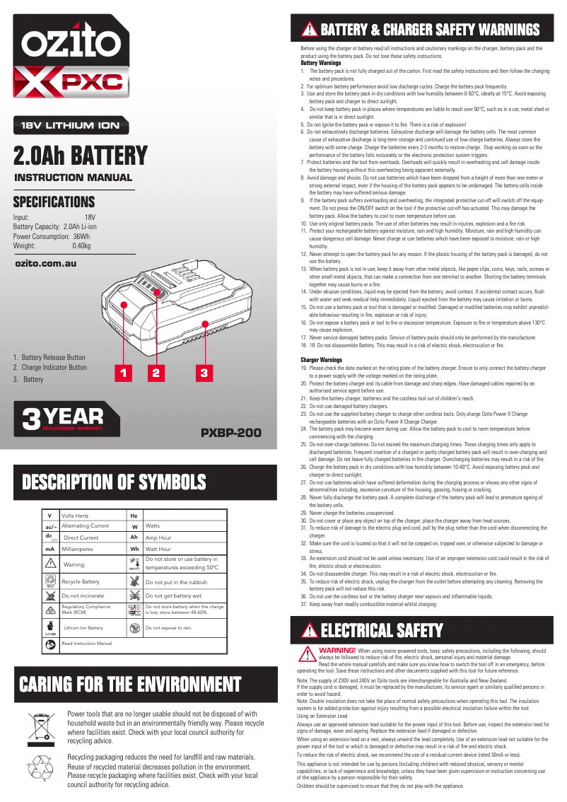 Page n°1 - Manuel utilisateur Ozito PXBC-200C
