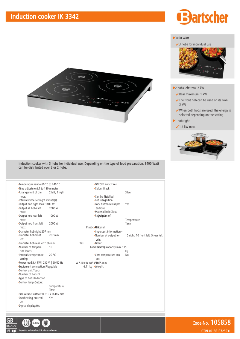 Page n°1 - Fiche technique Bartscher IK 3342