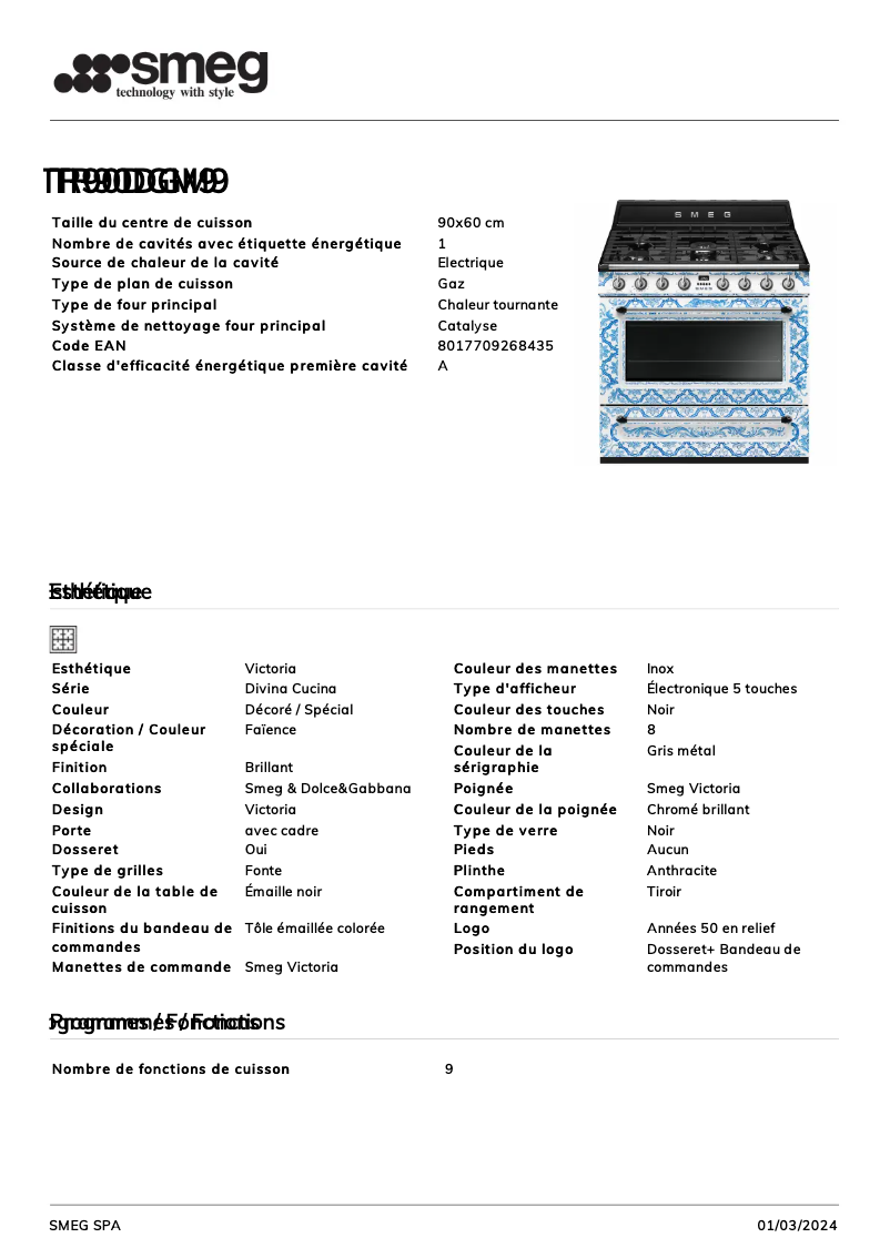 Page n°1 - Fiche technique Smeg TR90DGM9