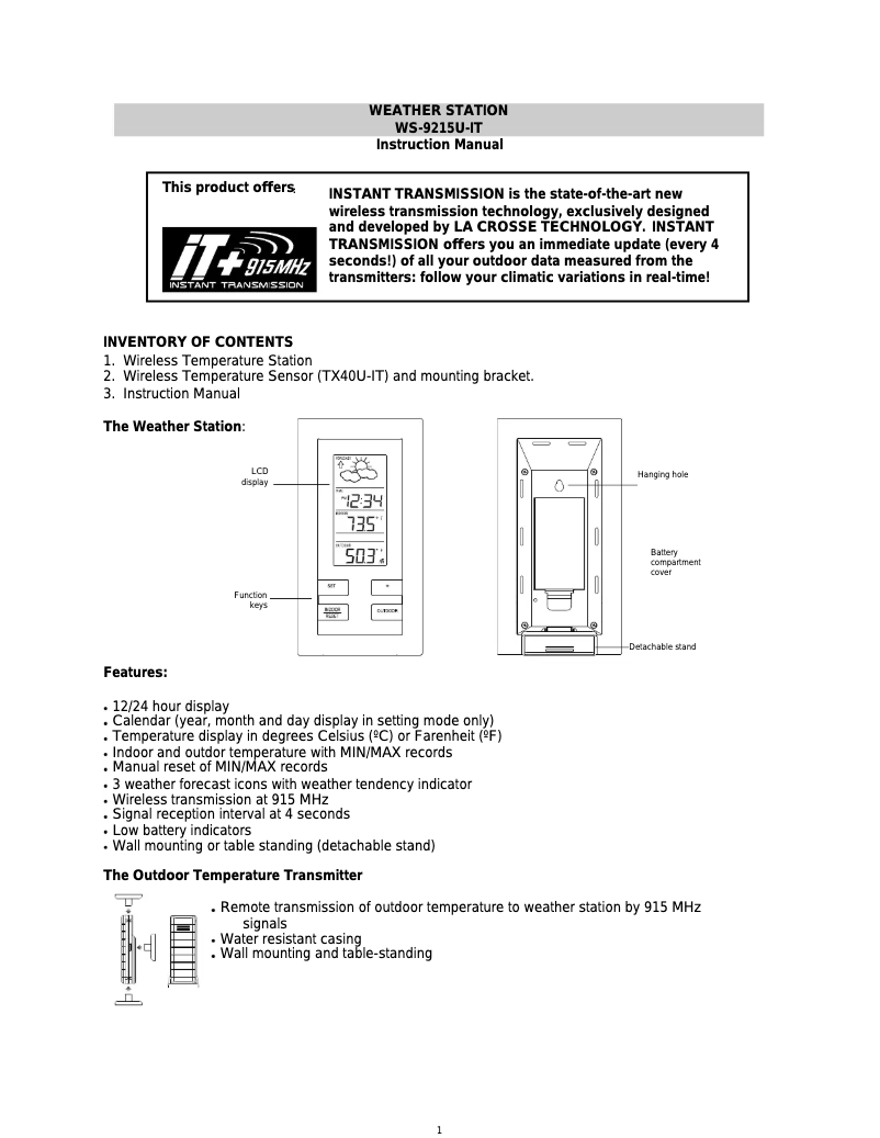 Página 1 del manual Manual de instrucciones La Crosse Technology WS-9215U-IT