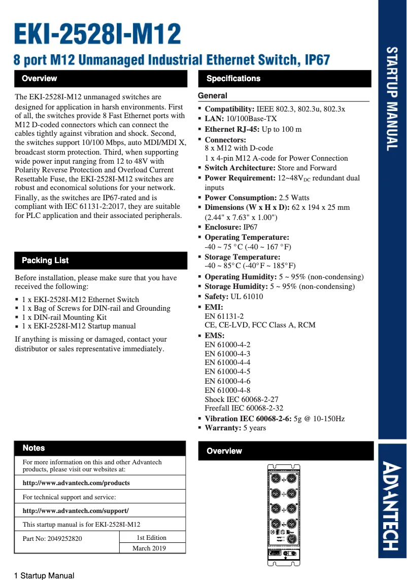Page 1 de la notice Manuel utilisateur Advantech EKI-2528I-M12-AE