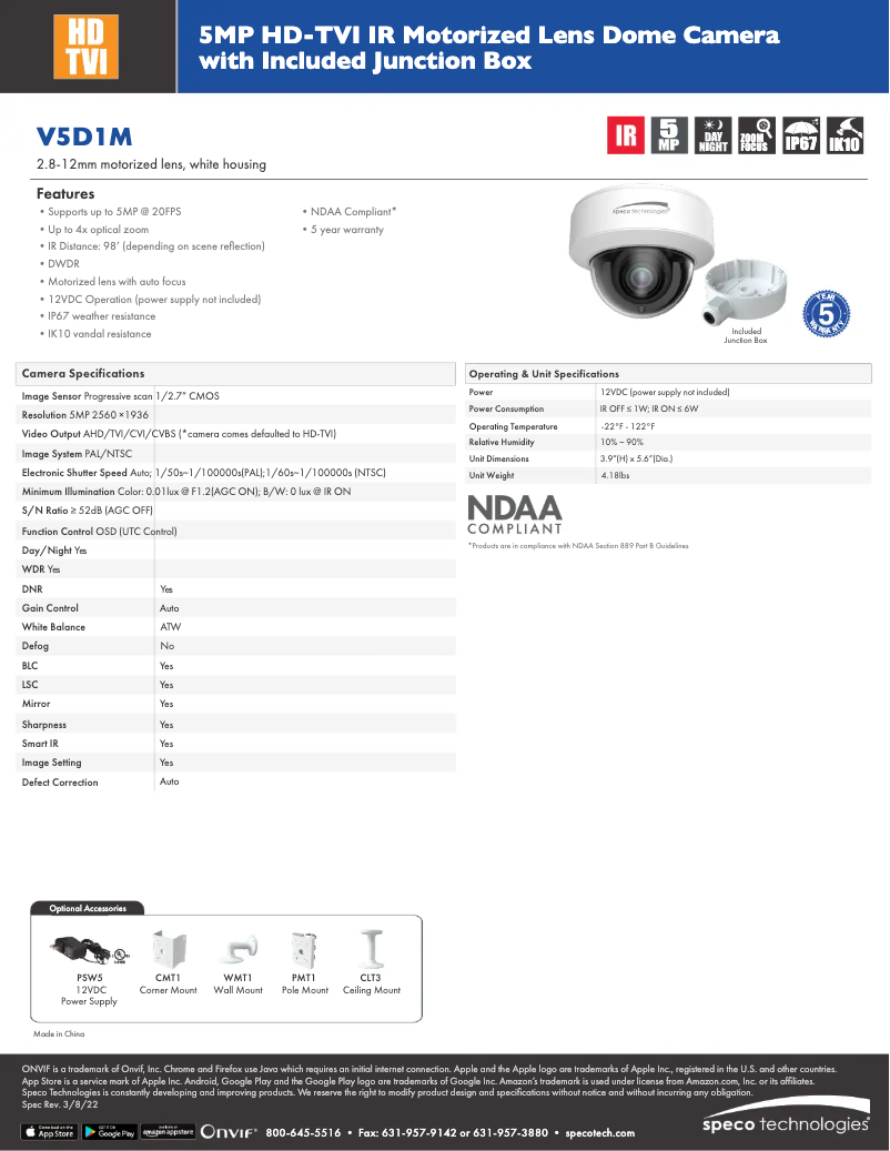 Page n°1 - Fiche technique Speco Technologies V5D1M
