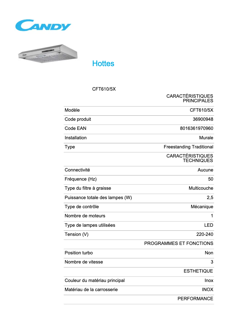Page 1 de la notice Fiche technique Candy CFT610/5X