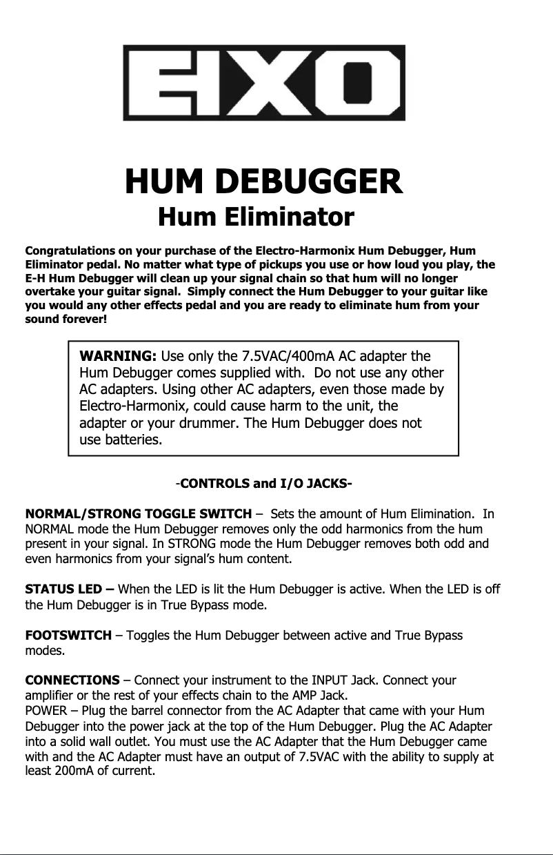 Page 1 de la notice Manuel utilisateur Electro Harmonix Hum Debugger