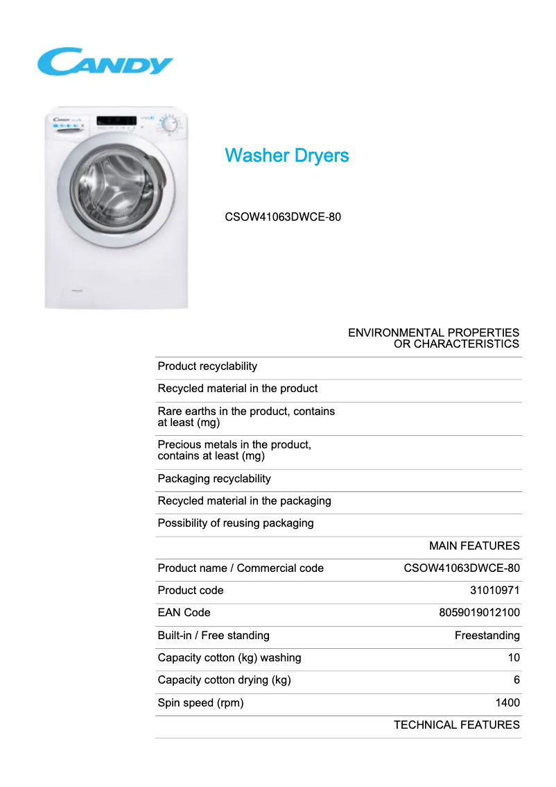 Image de la première page du manuel de l'appareil CSOW41063DWCE-80