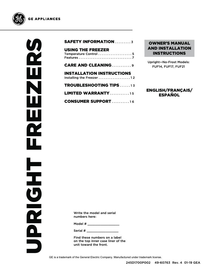 Page 1 de la notice Manuel d'utilisation et d'entretien GE FUF21DLRWW