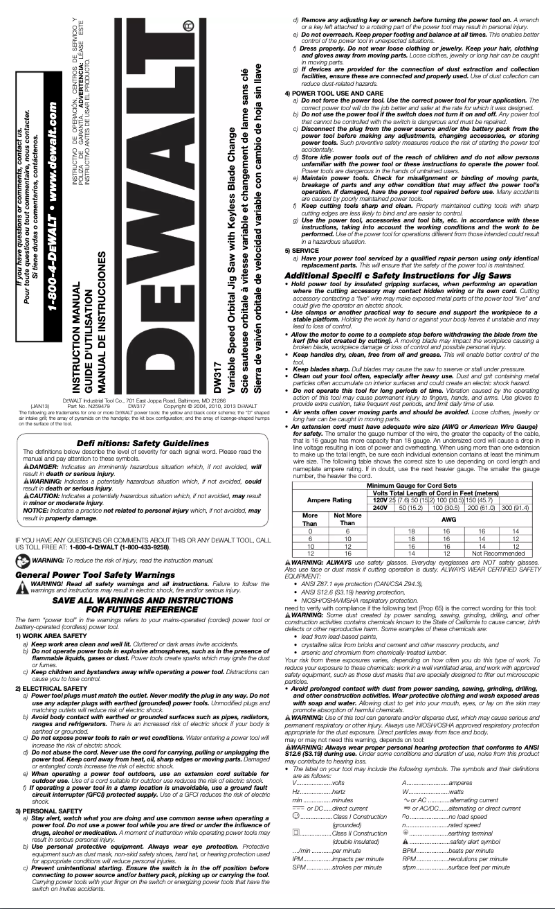 Page 1 de la notice Manuel utilisateur DeWalt DW317K