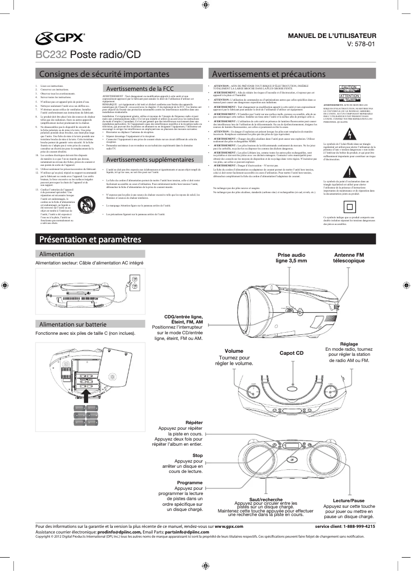 Page n°1 - Manuel utilisateur GPX BC232