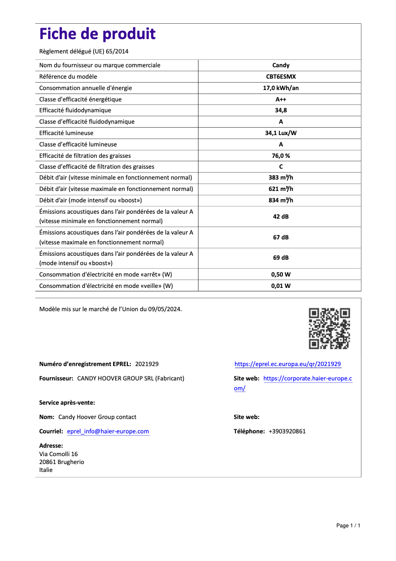 Page 1 de la notice Fiche technique Candy CBT6ESMX