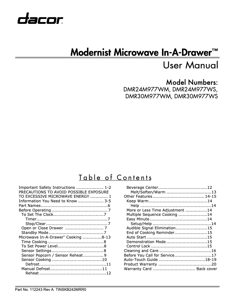 Page n°1 - Manuel utilisateur Dacor Modernist DMR30M977WM