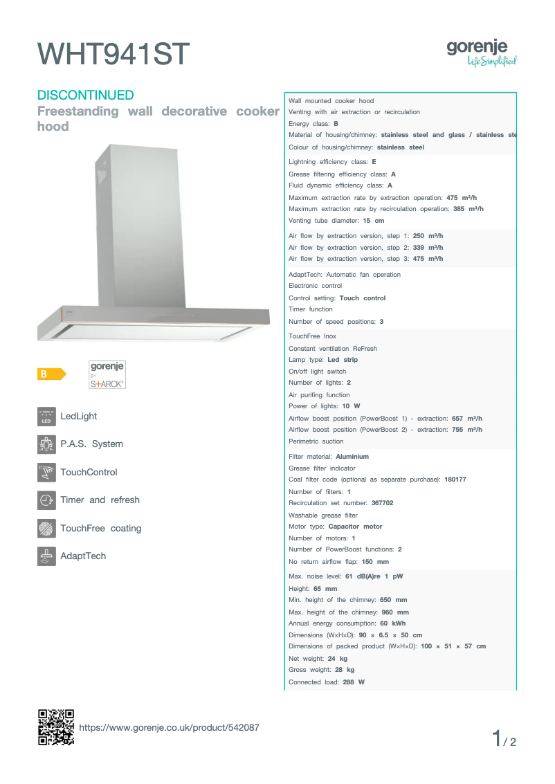 Page n°1 - Fiche technique Gorenje WHT941ST