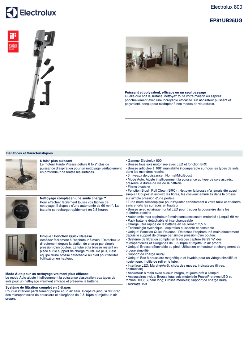 Page 1 de la notice Fiche technique Electrolux EP81UB25UG