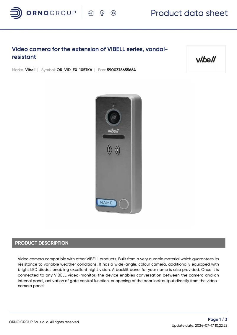 Page n°1 - Fiche technique Vibell OR-VID-EX-1057KV