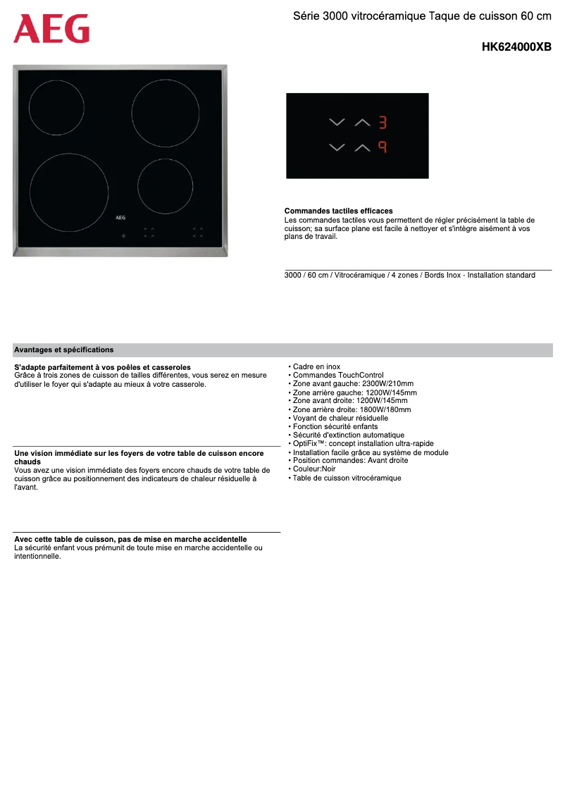 Page 1 de la notice Fiche technique AEG HK624000XB