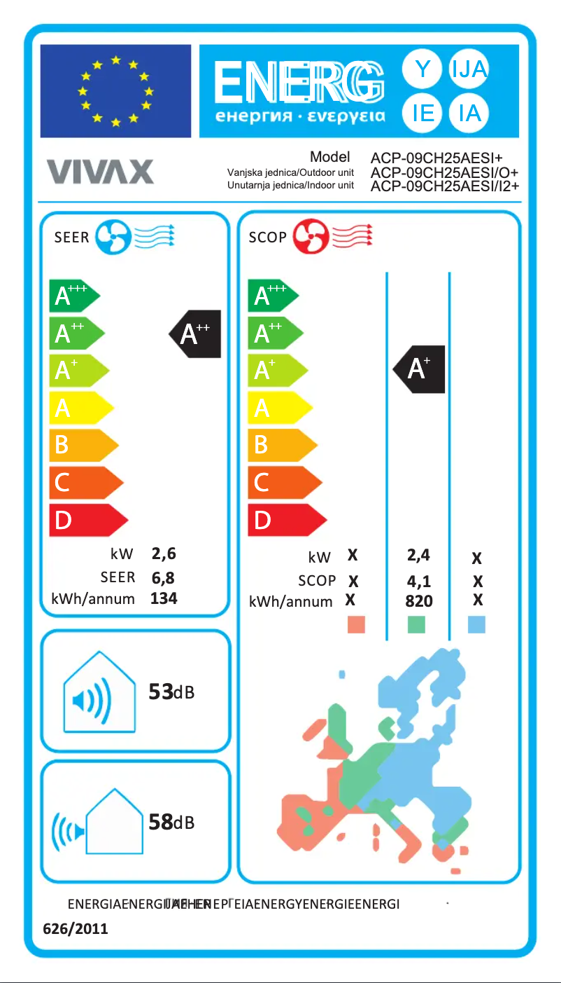 Page 1 de la notice Label énergétique Vivax ACP-09CH25AESI