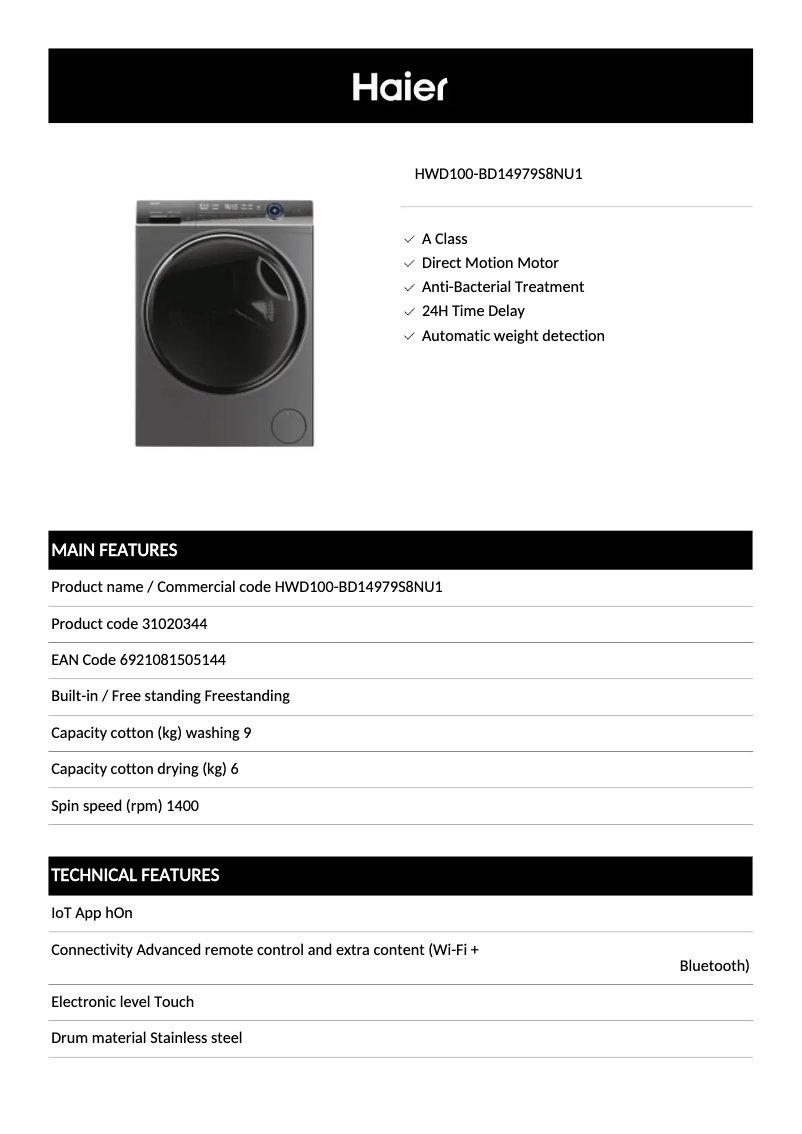 Page 1 de la notice Fiche technique Haier HWD100-BD14979S8NU1