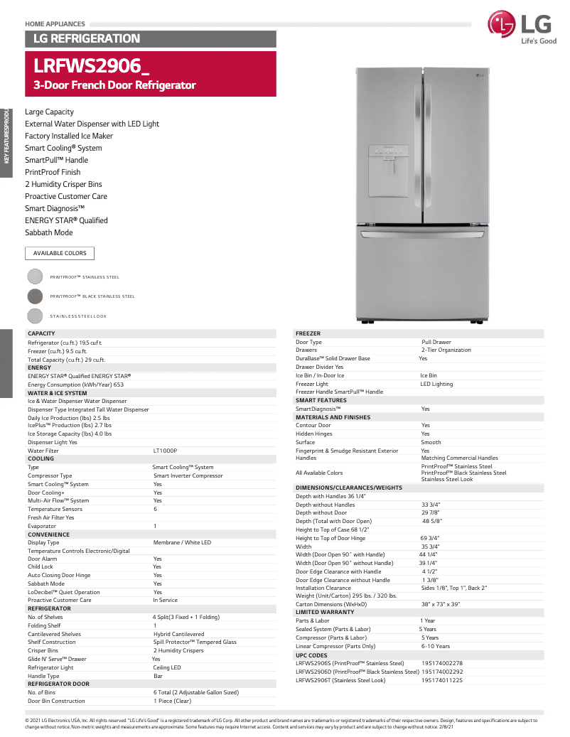 Página 1 del manual Ficha técnica LG LRFWS2906D