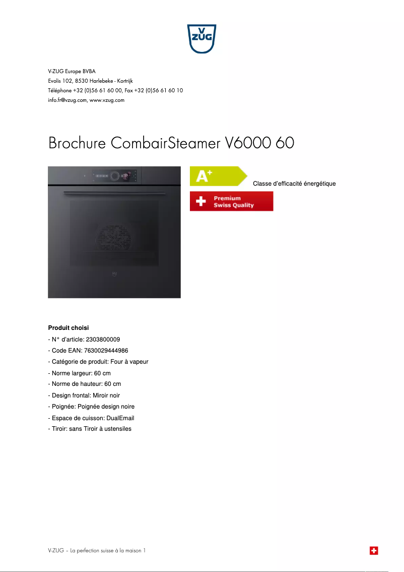 Page 1 de la notice Brochure V-Zug CombairSteamer V6000 60