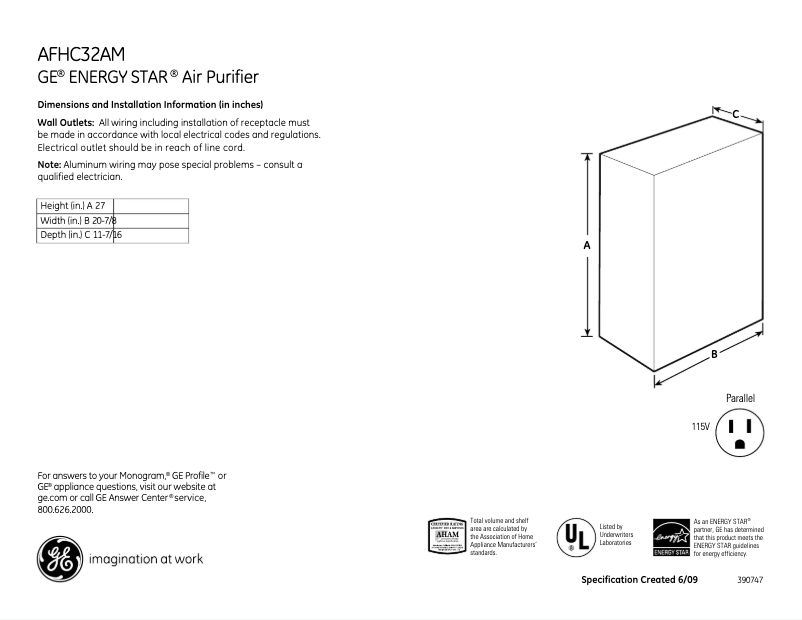 Page 1 de la notice Fiche technique GE AFHC32AM