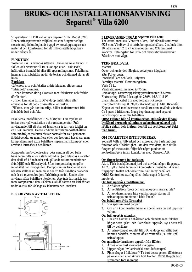 Page 1 de la notice Manuel utilisateur Separett Villa 6200