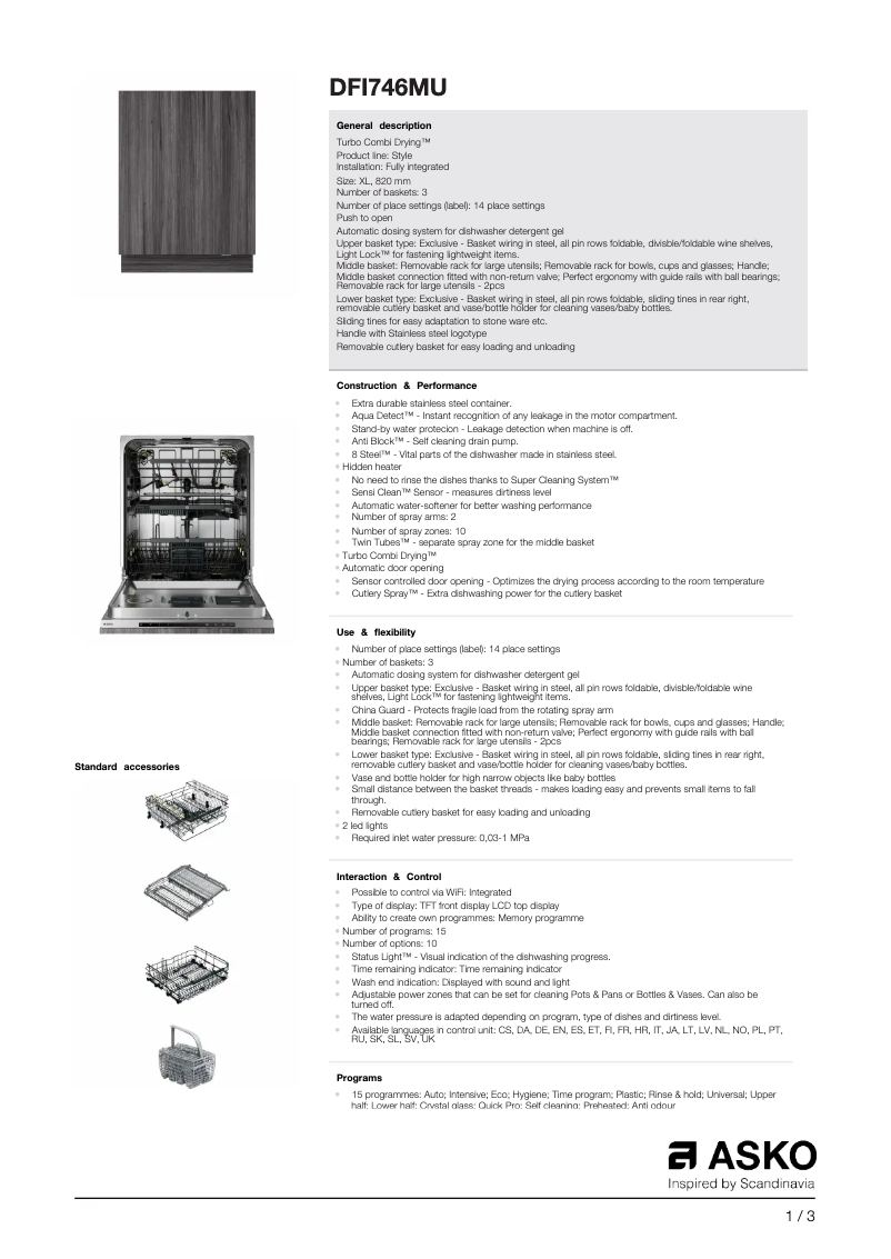 Page n°1 - Fiche technique Asko DFI746MU