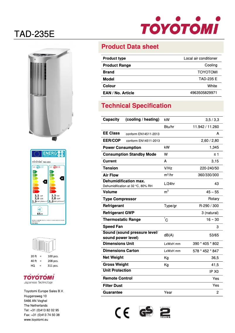 Page n°1 - Fiche technique Toyotomi TAD-235E