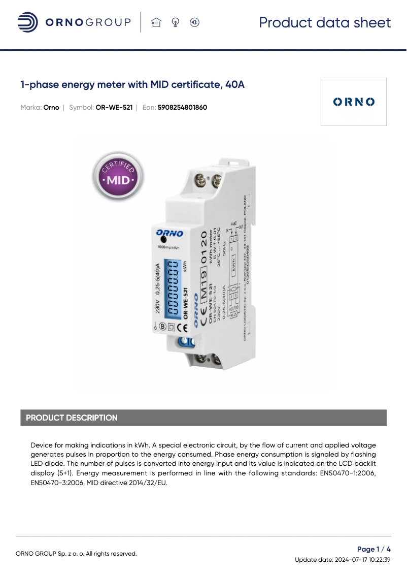 Page 1 de la notice Fiche technique ORNO OR-WE-521