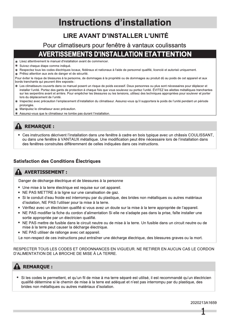 Page 1 de la notice Guide d'installation Frigidaire FFRS1022RE