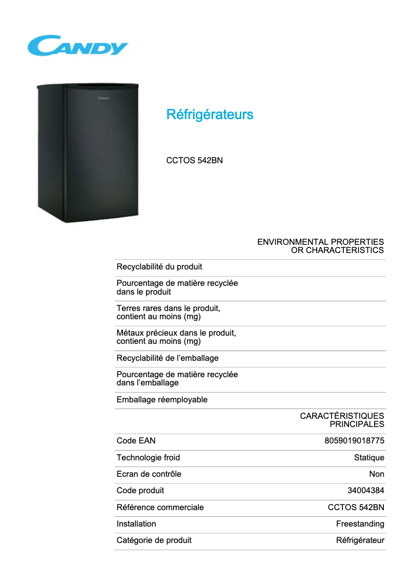 Page 1 de la notice Fiche technique Candy CCTOS 542BN