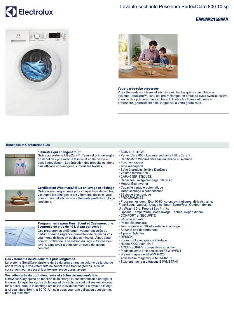 Page 1 de la notice Fiche technique Electrolux EW8W2168WA