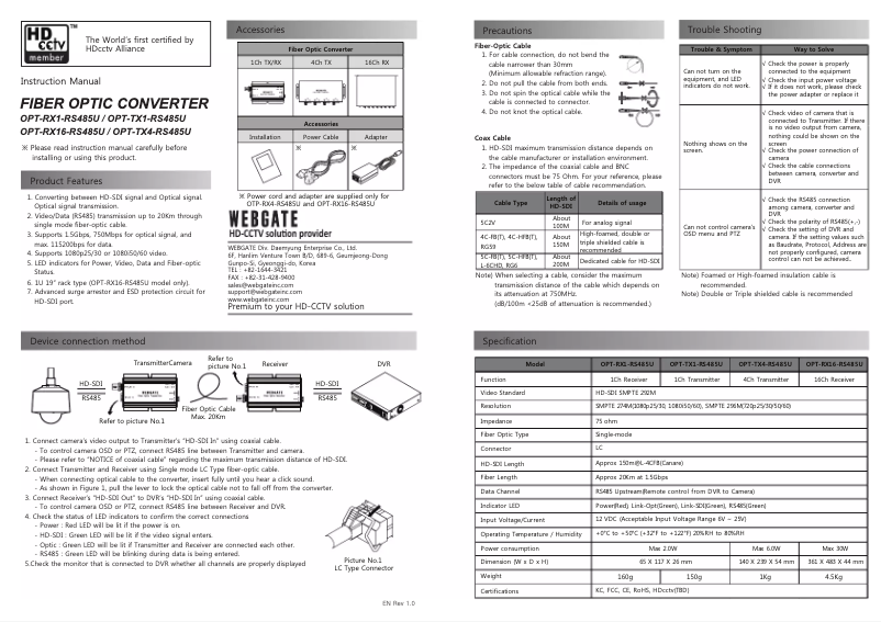 Image de la première page du manuel de l'appareil OPT-RX1-RS485U