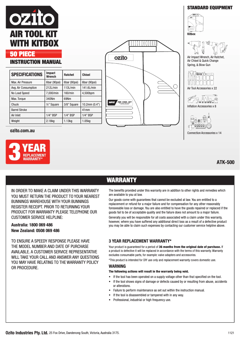 Page 1 de la notice Manuel utilisateur Ozito ATK-500