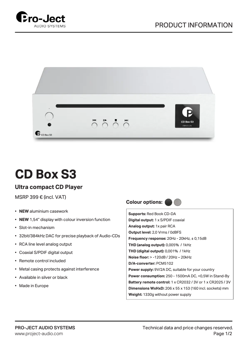 Page n°1 - Fiche technique Pro-Ject CD Box S3