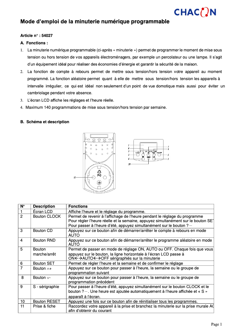Page 1 de la notice Manuel utilisateur Chacon 54027