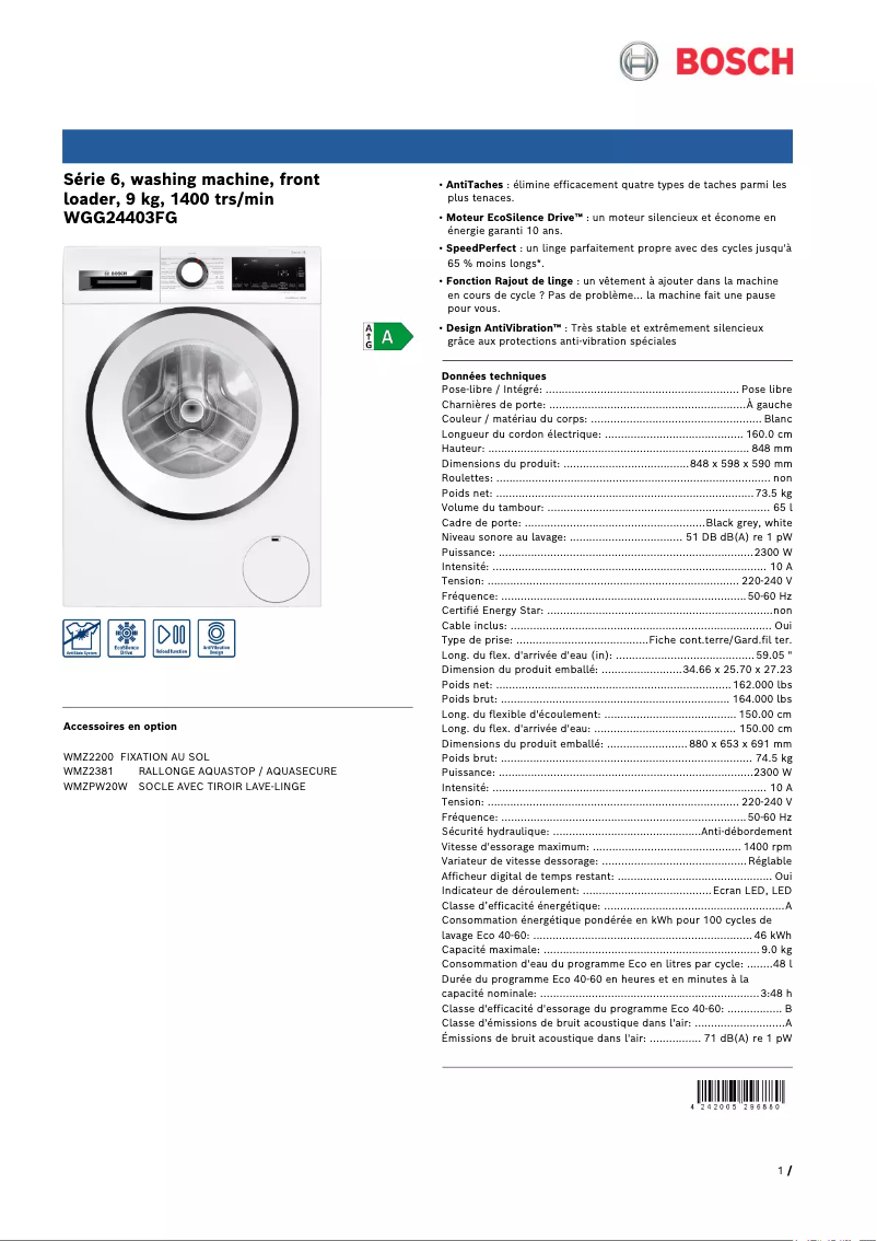 Página 1 del manual Ficha técnica Bosch WGG24403FG